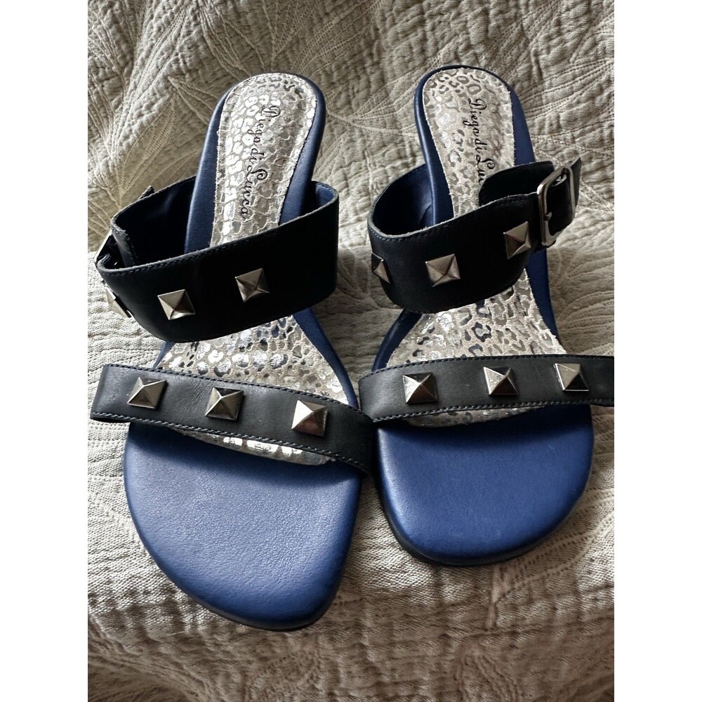 Diego di Lucca Wedge US 8  Heel Sandals Blue Silver Metal Accents Made In Brazil